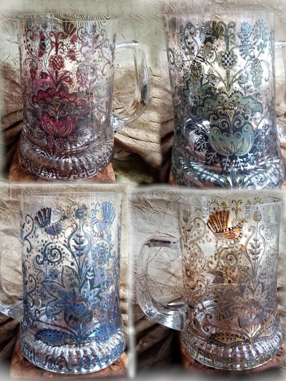 Nachtmann Vintage Bavaria Germany Hand-Enameled Glass Beer Mugs Steins, Set of 4